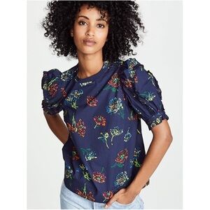 Ulla Johnson Kari Blue Floral Top Puff Sleeve Button Shoulder Size 6